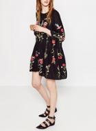 Oasap Floral Embroidered Graphic Pleated Long Sleeve Dress