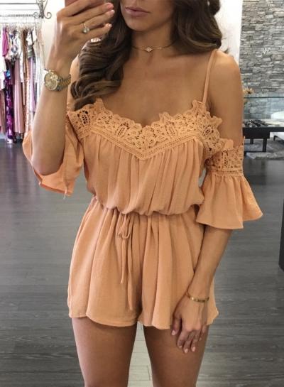 Oasap Spaghetti Strap Off Shoulder Flare Sleeve Lace Loose Romper