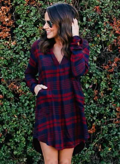 Oasap V Neck Long Sleeve High Low Plaid Dress With Pockets