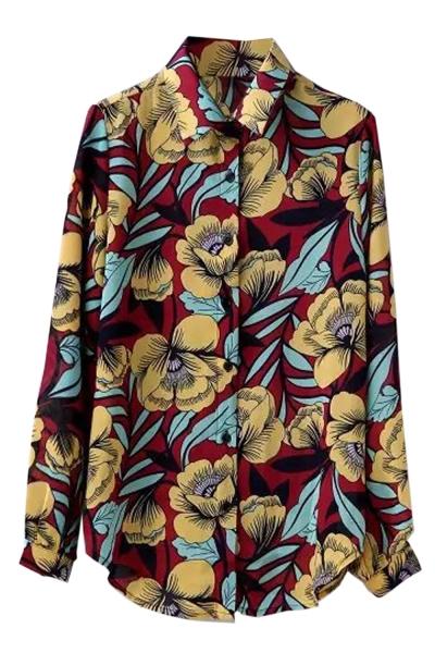 Oasap Casual Floral Print Long Sleeve Button Down Shirt