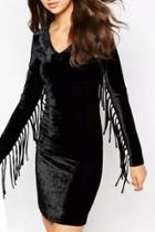 Oasap Stylish Tasseled V Neck Long Sleeve Velvet Shift Dress