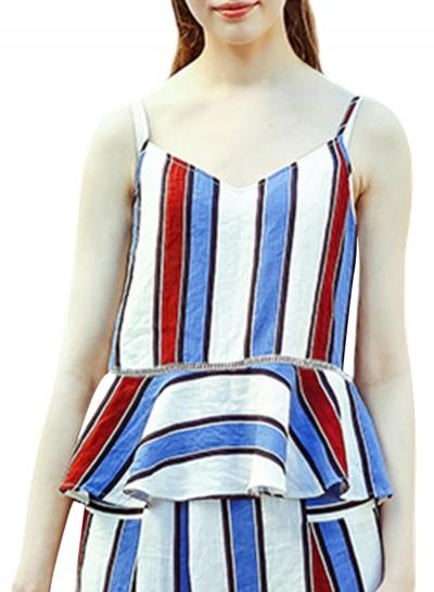 Oasap Women's Color Block Striped Print Flounce Spaghetti Strap Top