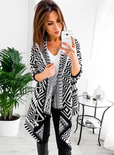 Oasap Geometric Print Open Front Long Sleeve Knit Cardigan