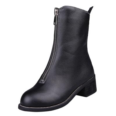 Oasap Round Toe Front Zipper Block Heels Mid-calf Boots