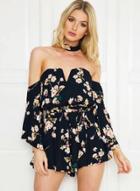 Oasap Off Shoulder Flare Sleeve Loose Fit Floral Romper