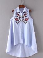 Oasap Turn Down Collar Sleeveless Floral Embroidery Shirts