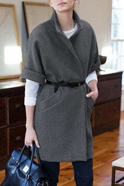 Oasap Grey Open Front Slant Pocket Half Sleeve Coat