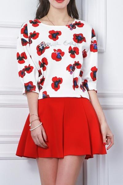 Oasap 2pcs White Floral Tee A-line Skirt Set