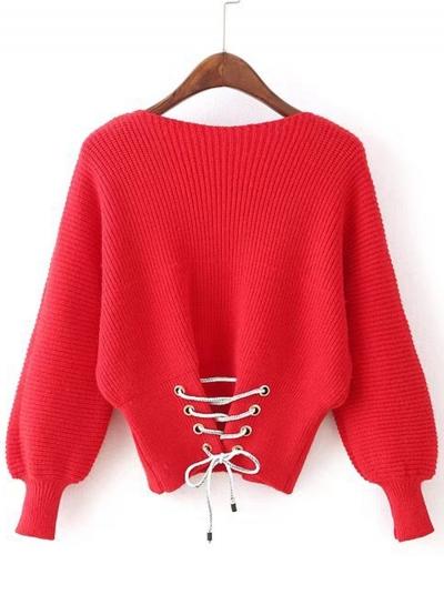 Oasap Slash Neck Drawstring Waist Lace Up Sweater