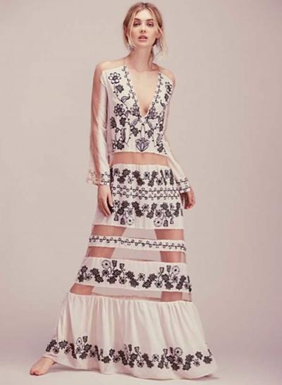 Oasap Bohemian Hollow Out V Neck Chiffon Dress