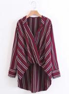 Oasap Turn-down Collar Long Sleeve Striped Blouse