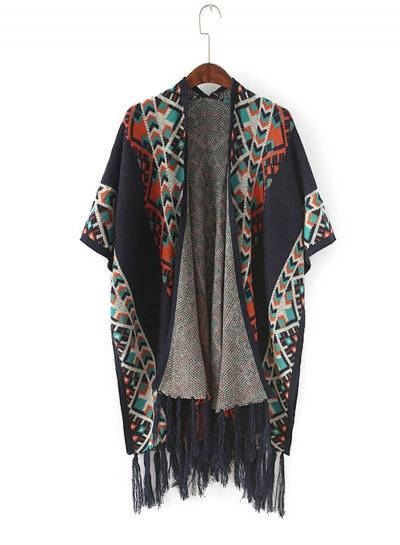 Oasap Knit Fringe Geometric Cape Cardigan