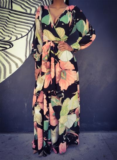 Oasap V Neck Long Sleeve Floral Maxi Chiffon Dress With Belt