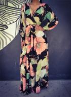 Oasap V Neck Long Sleeve Floral Maxi Chiffon Dress With Belt