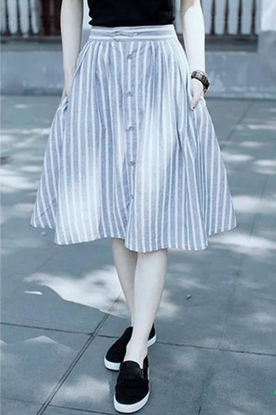Oasap Sweet Summer Stripe Print Flare Pleated Midi Skirt
