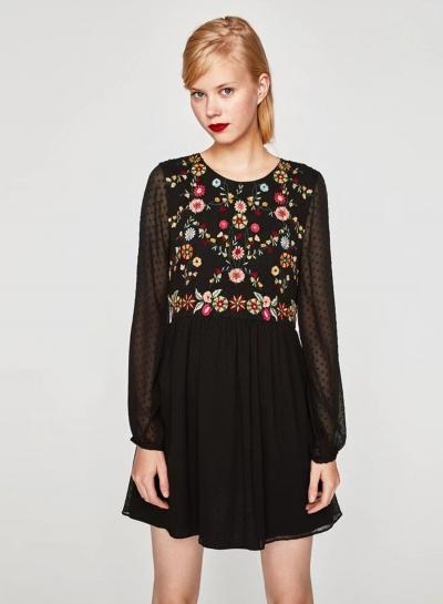 Oasap Long Sleeve Round Neck Floral Embroidery Gauze Dress