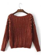 Oasap Round Neck Long Sleeve Solid Color Pearls Decoration Sweater