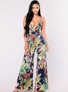 Oasap Summer Floral Printed Spaghetti Strap V Neck Wide Leg Jumpsuit