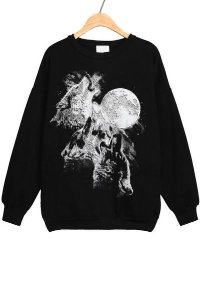 Oasap Howling Wolf Fleece Sweatshirt
