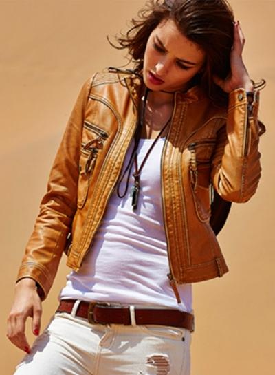 Oasap Stand Collar Long Sleeve Zipper Fly Pu Jackets