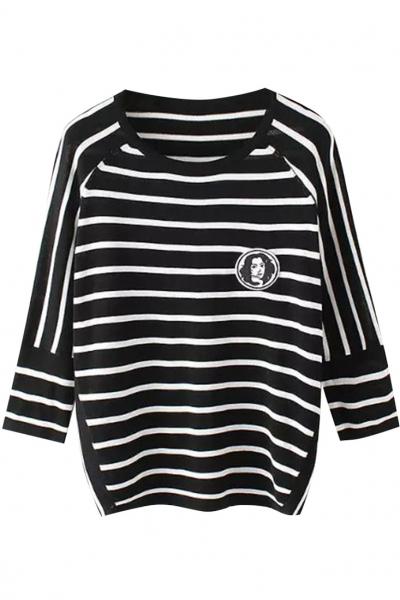 Oasap Black White Striped Print Pullover Knit Sweater