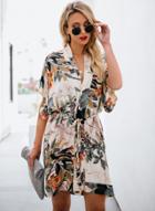 Oasap Fashion Loose Floral Printed Waist Tie Short Sleeve V Neck Midi Dress