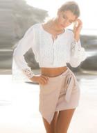 Oasap Fashion Long Sleeve Lace Panel Pullover Cropped Blouse