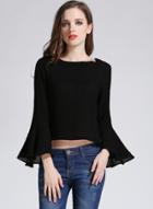 Oasap Round Neck Flare Sleeve Solid Color Tops