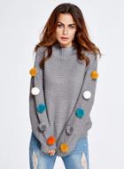 Oasap Casual Long Sleeve Loose Fit Sweater With Pompon