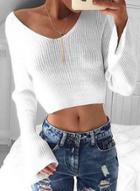 Oasap V Neck Flare Sleeve Solid Color Crop-top Sweater