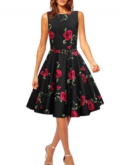 Oasap Women's Vintage Rose Print Belted A-line Dress