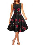 Oasap Women's Vintage Rose Print Belted A-line Dress