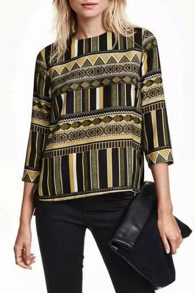 Oasap Vintage Geometric Print Three Quarter Sleeve Blouse