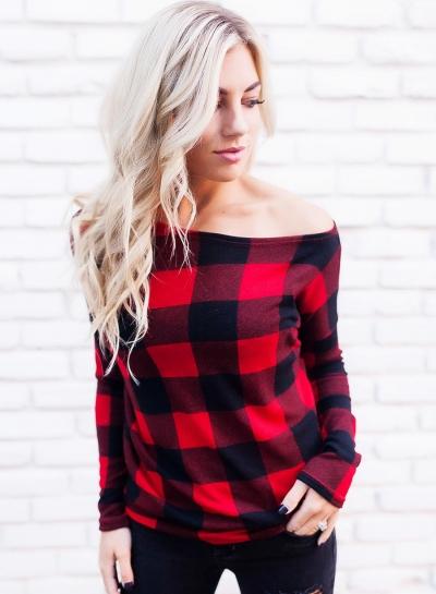 Oasap Fashion Off Shoulder Long Sleeve Plaid Tee