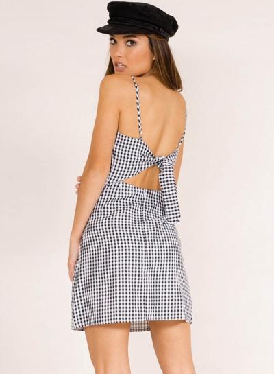 Oasap Spaghetti Strap Plaid Bow Back Slim Mini Dress