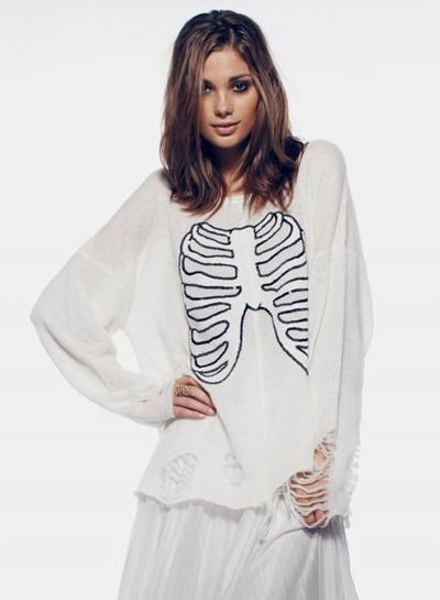 Oasap Long Sleeve Skeleton Printed Knit Ripped Sweater