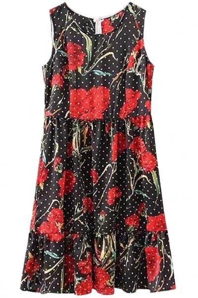 Oasap Red Floral Dotted Print Sleeveless Mini Dress