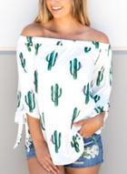 Oasap Summer Loose Floral Printed Off The Shoulder Lace-up 3/4 Sleeve Blouse