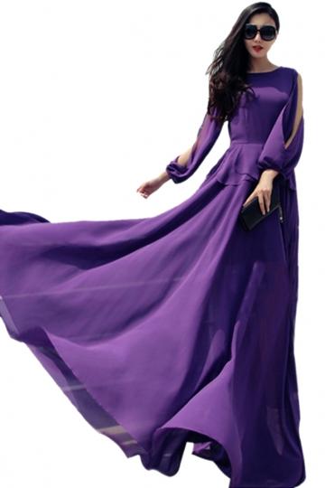 Oasap Vintage Boho Purple Cut-out Sleeves Peplum Maxi Chiffon Dress
