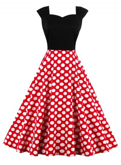 Oasap Round Neck Sleeveless Polka Dots Midi Dress