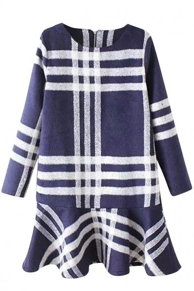 Oasap Sweet Plaid Round Neck Flouncing Hem Dress