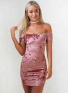 Oasap Off Shoulder Short Sleeve Bodycon Velvet Dress