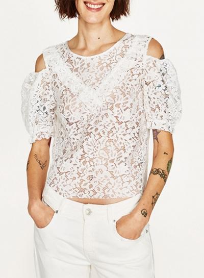 Oasap Off Shoulder Hollow Out Lace Blouse