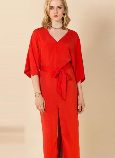Oasap V Neck Half Sleeve Slit Maxi Dress With Belt