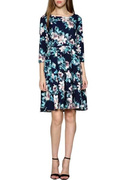 Oasap Women's Round Neck Three Quarter Sleeve Floral Print Dress