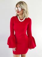 Oasap Round Neck Puff Sleeve Solid Color Dress