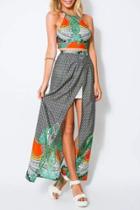 Oasap Geo Print Open Back Top & Skirt Matching Set