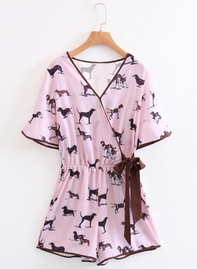 Oasap Flare Sleeve Dog Print Bow-knot Waist Romper