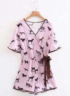 Oasap Flare Sleeve Dog Print Bow-knot Waist Romper