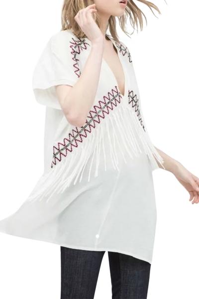 Oasap Women's Tribal Wave Embroidery V Neck Short Sleeve Tee With Tassel
